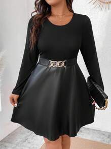 Calvaya Plus Size Splicing Pu Leather Dress Without Belt - Black - View 1