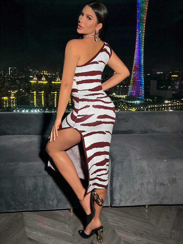 Women's One-Shoulder High Slit Sweater Dress