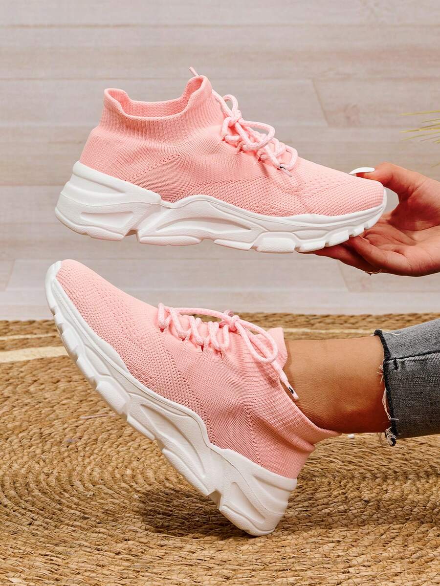女士防滑透气简约休闲舒适轻便系带户外跑步运动鞋，适合春夏季 - 粉色 - 查看 1