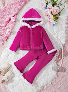 Baby Girls' Hooded Jacket With Fringe And Flared Pants, 2pcs/Set For Fall/Winter - Hot Pink - View 1