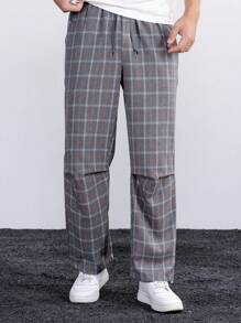 Manfinity Homme Loose Fit Men's Checkered Drawstring Waist Casual Pants - Grey - View 1
