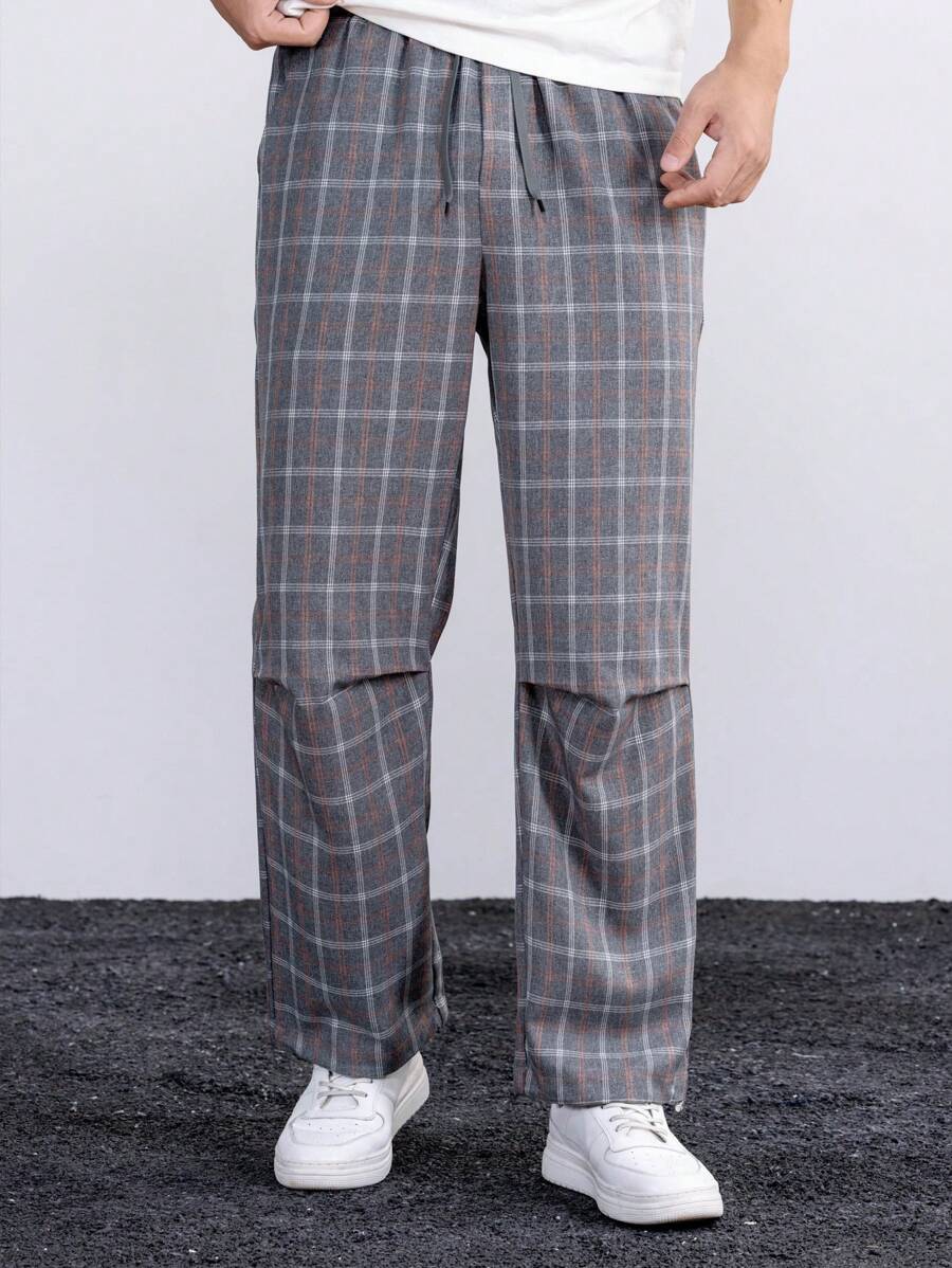 Manfinity Homme Loose Fit Men's Checkered Drawstring Waist Casual Pants - Grey - View 1