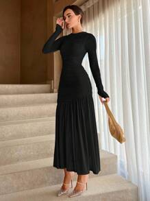 Aloruh Women's Solid Color Pleated Dress,Tea Party Dress - Black - View 5