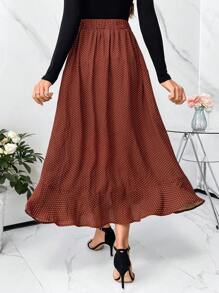 SHEIN Clasi Women's Polka Dot Print Belted Skirt With Ruffle Hem - Coffee Brown - View 2