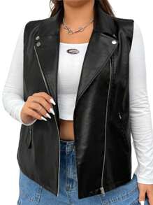 SHEIN EZwear Women's Plus Size Zip Up Sleeveless Jacket Vest - Black - View 1