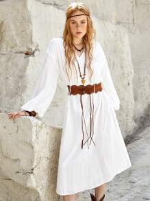 Bohemela 女士純色燈籠袖落肩裙 - 白色 - 查看 6