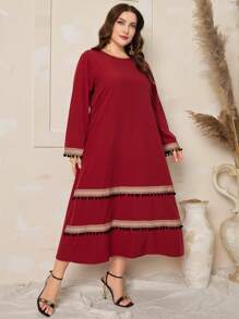 Al Najma Plus Size Long Sleeve Dress With Fringe Hem - Rust Brown - View 3
