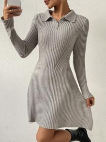 Flirla Của phụ nữ Cổ Polo Đầm Áo len - Xám - Xem 7