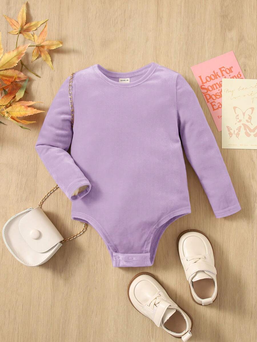 SHEIN 女嬰休閒圓領長袖連身衣 - 淡紫色 - 查看 1