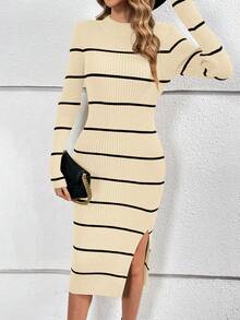 SHEIN Essnce Sọc Cái nĩa cao Váy len bó sát - Màu be - Xem 4