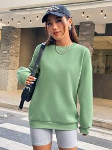 SHEIN Essnce 圓領落肩袖運動衫 - 綠色 - 查看 4