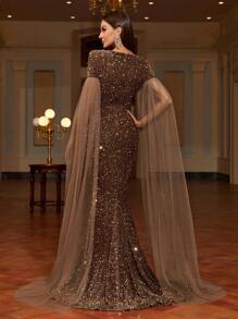 Faeriesty Square Neck Extra-Long Sleeve Sequin Formal Dress - Coffee Brown - View 2