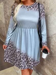 SHEIN LUNE 大尺碼女士豹紋長袖連衣裙 - 霧霾藍 - 查看 5