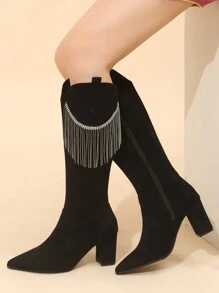 Fashionable Rhinestone Chain Thick Heel High Boots For Women - Black - View 2