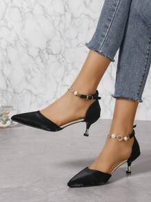 Black Satin Rhinestone & Faux Pearl Decorated Ankle Strap Hollow Out Pointed Toe High Heeled Shoes - Black - View 1