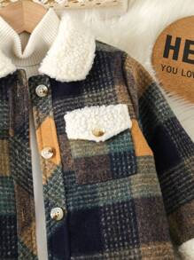 SHEIN 女孩子1入格紋印花貝殼絨領子翻蓋口袋外套