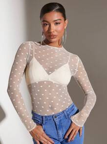 SHEIN BAE 女式透明圓點網眼上衣 - 杏色 - 查看 3