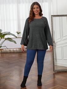 EMERY ROSE Plus Size Button Detail Raglan Sleeve Ribbed Knit T-Shirt - Dark Grey - View 4