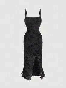 SHEIN MOD Women's Floral Jacquard Slit Hem Slip Dress - Black - View 1
