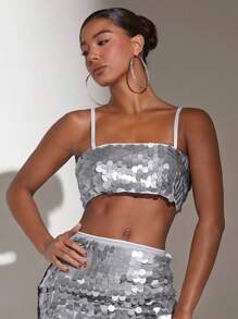 SHEIN BAE Top Corto Sin Mangas Con Tirantes Finos Y Purpurina - Plateado - Ver 3