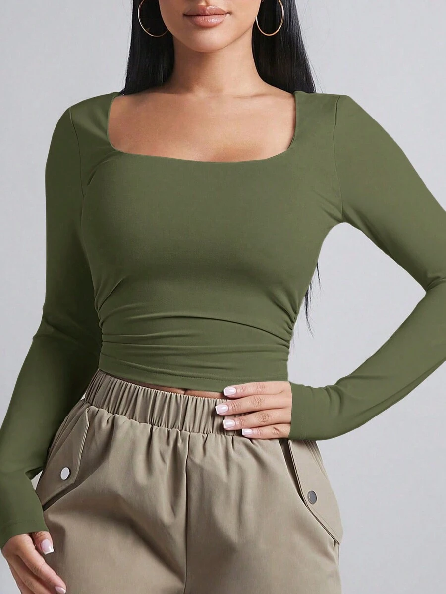 SHEIN BAE Women's Casual Solid Color Long Sleeve T-Shirt, Versatile For Winter - Army Green - View 1
