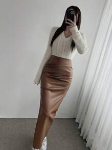 DAZY Women's Side Slit Pu Skirt,Pencil Skirt Fall,Winter Leather Skirt - Brown - View 4