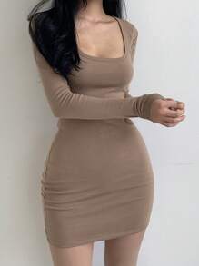 DAZY 女式方领长袖紧身连衣裙，秋季服装 - 棕色 - 查看 6