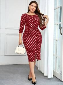 SHEIN Clasi 女款優雅大尺寸圓點印花扭結連身裙 - 紅色 - 查看 1