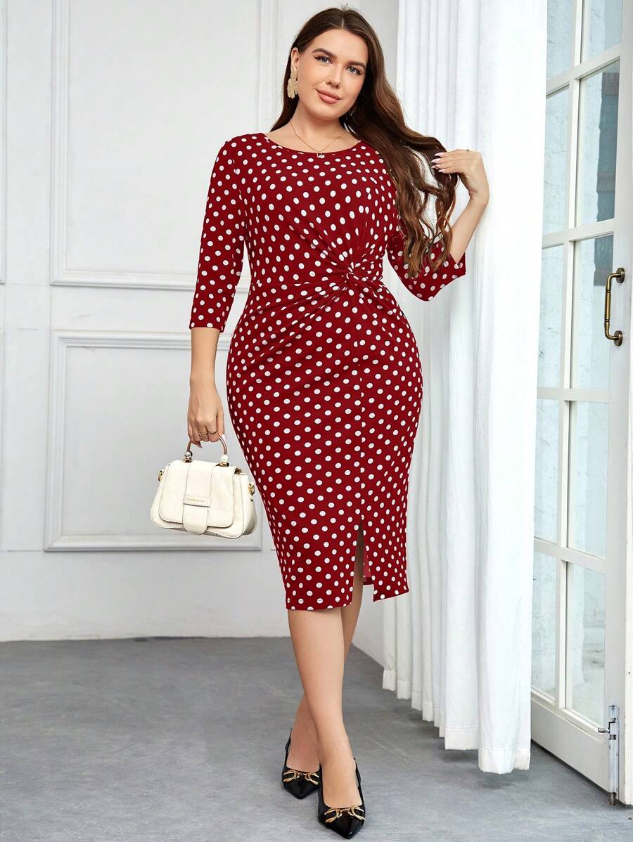 SHEIN Clasi 女款優雅大尺寸圓點印花扭結連身裙 - 紅色 - 查看 1