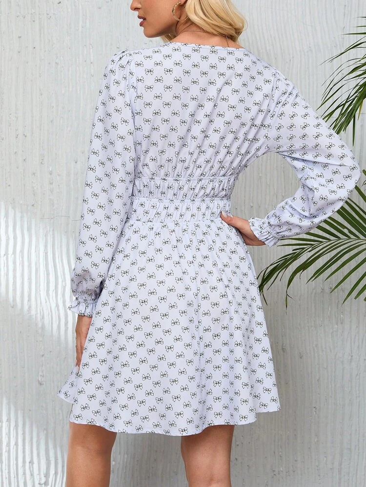 Women'S Bowknot Print Long Sleeve Dress