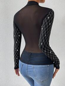 SHEIN Privé Của phụ nữ Pha lê Nghệ Embellished Họa tiết Lưới Đứng cổ áo Áo thun - màu đen - Xem 2