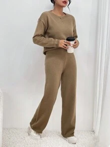 SHEIN Essnce Drop Shoulder Sweater & Knit Pants - Khaki - View 3