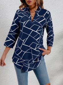 SHEIN LUNE Women's Geometric Printed Roll-up Sleeve Shirt - Navy Blue - View 5