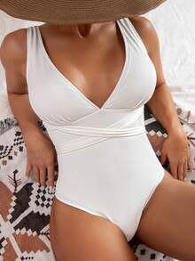 SHEIN Swim 女式純色十字細節連身泳衣 - 白色 - 查看 3