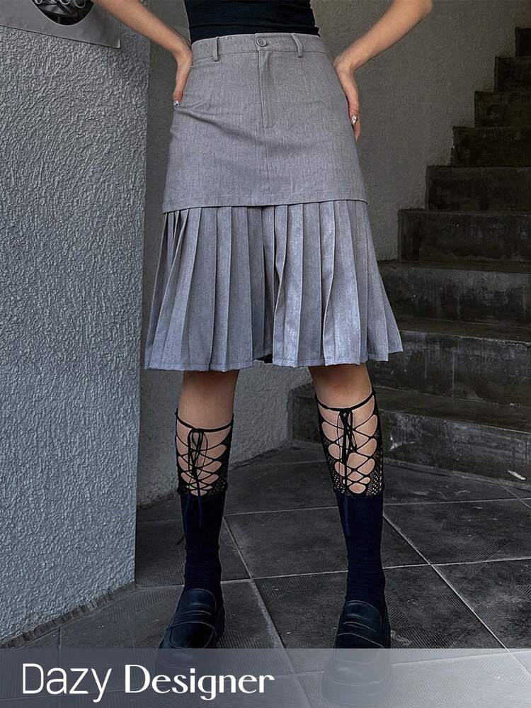 Zip Front Pleated Hem Skirt