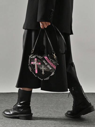 Kawaii Bolso De Hombro De Mujer Estilo Gótico Punk Con recubierto, Decoración De Corazones Y Remaches