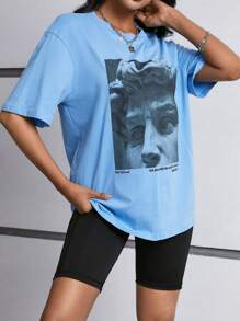 SHEIN EZwear 女士標語印花t恤 - 藍色 - 查看 5