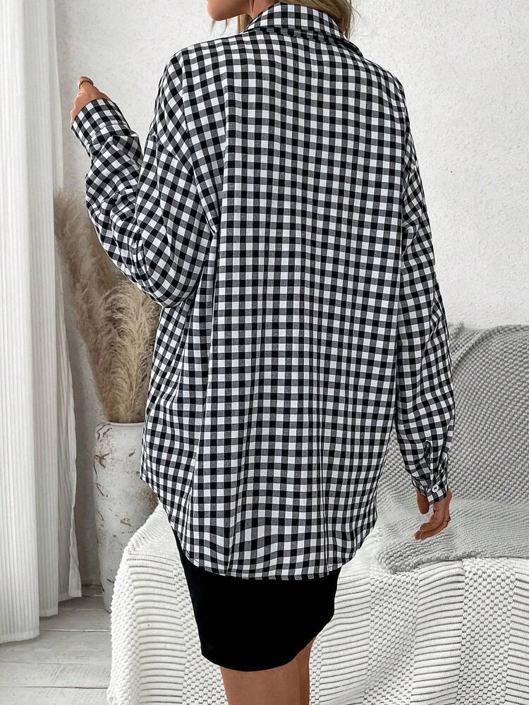 Drop Shoulder Gingham Shirt And Tank Top Dress Set Fall Cloth For Women