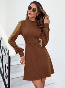 SHEIN Clasi Lace Panel Stand Collar Lantern Sleeve Dress - Rust Brown - View 1