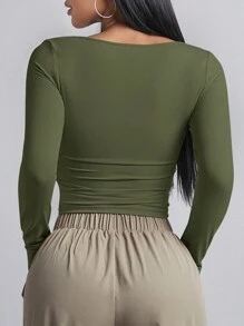 SHEIN BAE Women's Casual Solid Color Long Sleeve T-Shirt, Versatile For Winter - Army Green - View 2