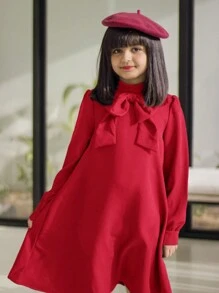 SHEIN Tween Girl Stand Collar Dress With Decorative Back Pleats And Buttons, Long Sleeve