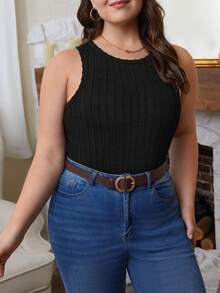 SHEIN Frenchy Plus Size Cable Knitted Tank Top For Summer - Black - View 4