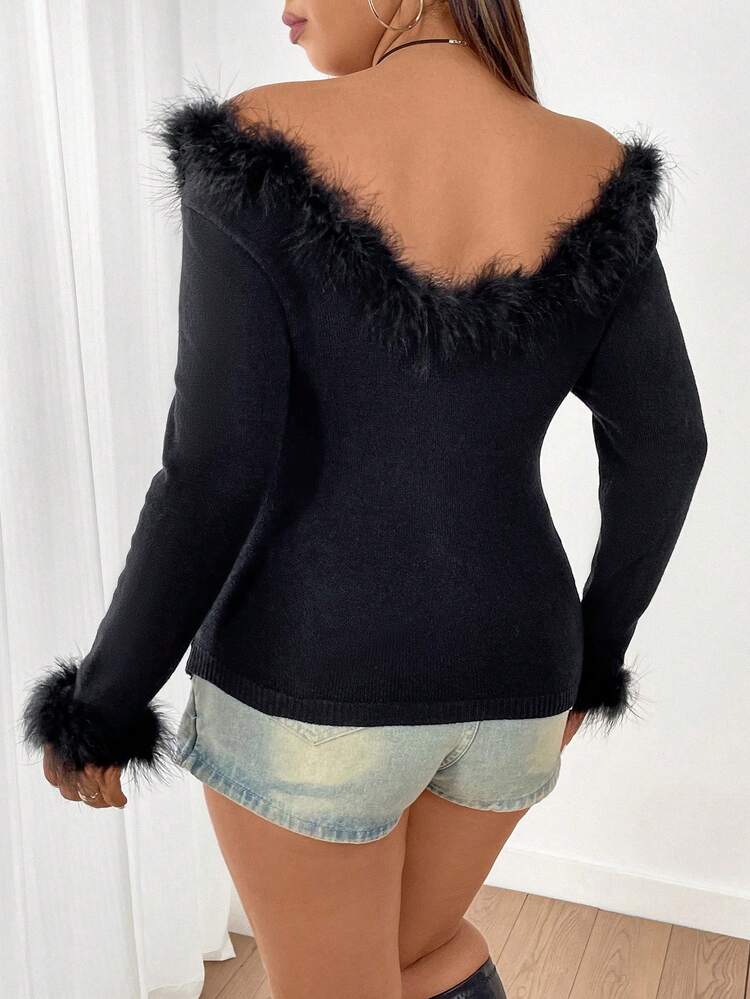 Plus Size Women's Off-Shoulder Long Sleeve Sweater Pullover Knit Pullover Fall Winter