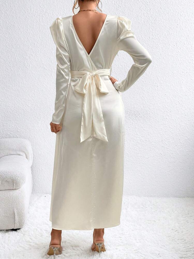 Women'S Solid Color Leg-Of-Mutton Sleeve High Split Dress
