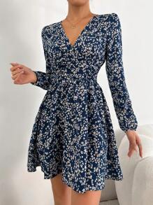 SHEIN PETITE Ditsy Floral V-Neck Long-Sleeved Dress - Blue - View 3