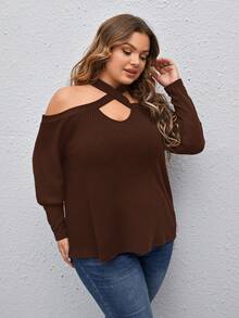 SHEIN Privé 女式大尺碼休閒簡約娃娃領方格紋開肩鑲空格紋交叉紋帶T恤 - 棕色 - 查看 5