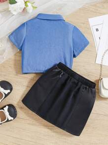 SHEIN Baby Girls' Casual   Effect Short Sleeve Shirt With Elastic Waist Skirt Set - Blue - View 2