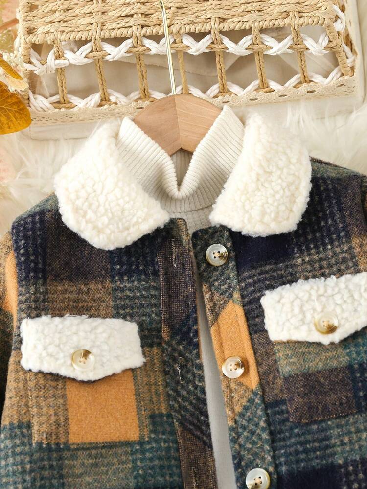 Young Girl 1pc Plaid Print Borg Collar Flap Pocket Coat