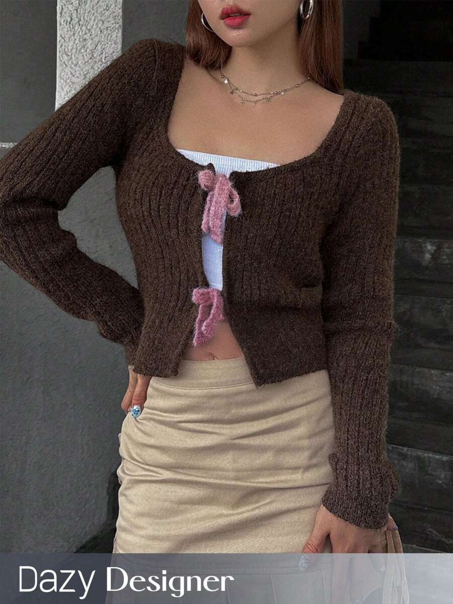 Dazy Designer 打結前短款開襟羊毛衣 - 咖啡棕 - 查看 1