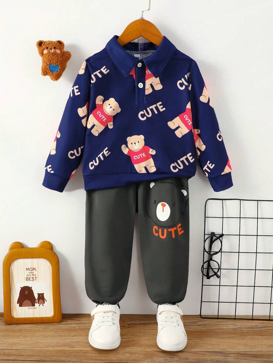 SHEIN 男孩可愛小熊印花 Polo 領運動衫和褲子套裝 - 藏蓝色 - 查看 1